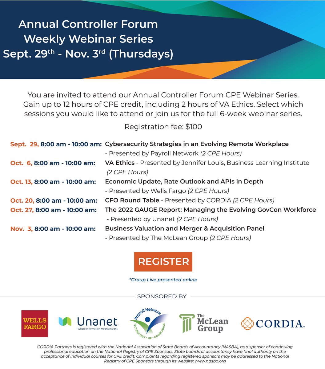 McLeanGroup's tweet photo. We will be sponsoring the 2022 Controller Forum a 6-week online seminar series. Sessions offer up to 12 CPE credits, including 2 hours of VA Ethics. As a friend of the firm, if you register as a McLean Group guest to receive special pricing.  

Register: https://t.co/zzdNwjcoM1 https://t.co/P8ywxuocC7