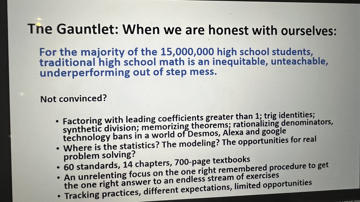 DBlanton_Math's tweet photo. Great morning talking about HS mathematics…my feelings all on one slide. Curriculum changes are needed, technology needs to be embraced and not feared, and students need to experience the beauty of math, not drowned in its procedures. #NCSM22 https://t.co/IzkLiYx4ms