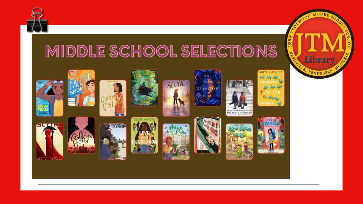 jtmoorelibrary's tweet photo. Battle of the Books Selection is here! Don't know what Battle of the Books is? Basically, it's @MNPSLibraries heavyweight championship of thoughtfulness in the form of a quiz bowl mining the books above! Interested? Get the details at https://t.co/iEgPvtW6OC. #ReadMoore https://t.co/py0c45T6YU