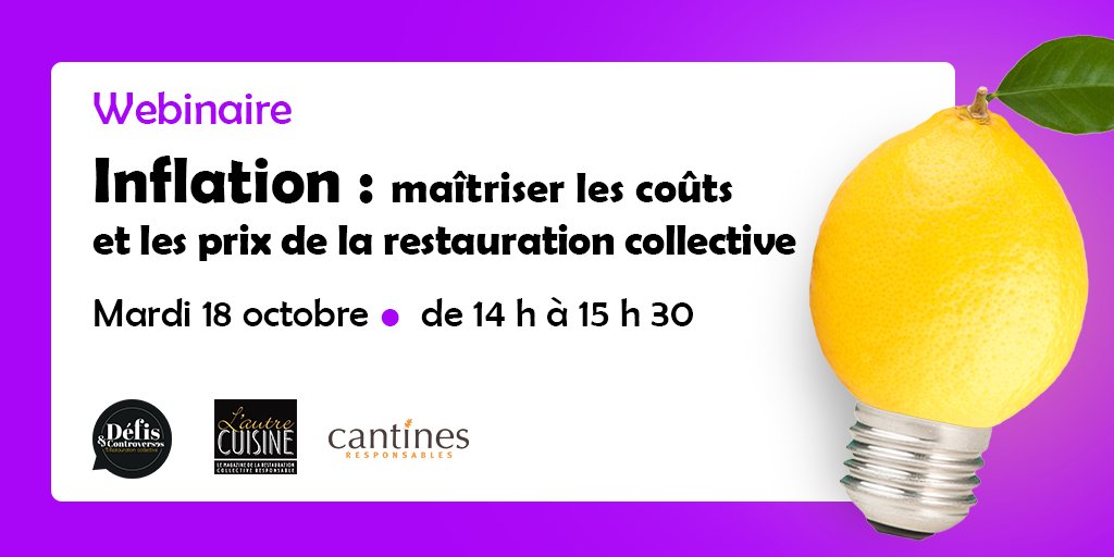 Les #collectivités font face à l'📈 des coûts. Comment s’en sortir ?
📅 Rdv le 18/10 à 14h pour un #webinaire #DéfisEtControverses consacré au sujet : "#Inflation dans la restauration scolaire : maîtrise des coûts et politique tarifaire"
Inscrivez-vous 
➡️ bit.ly/web-energie
