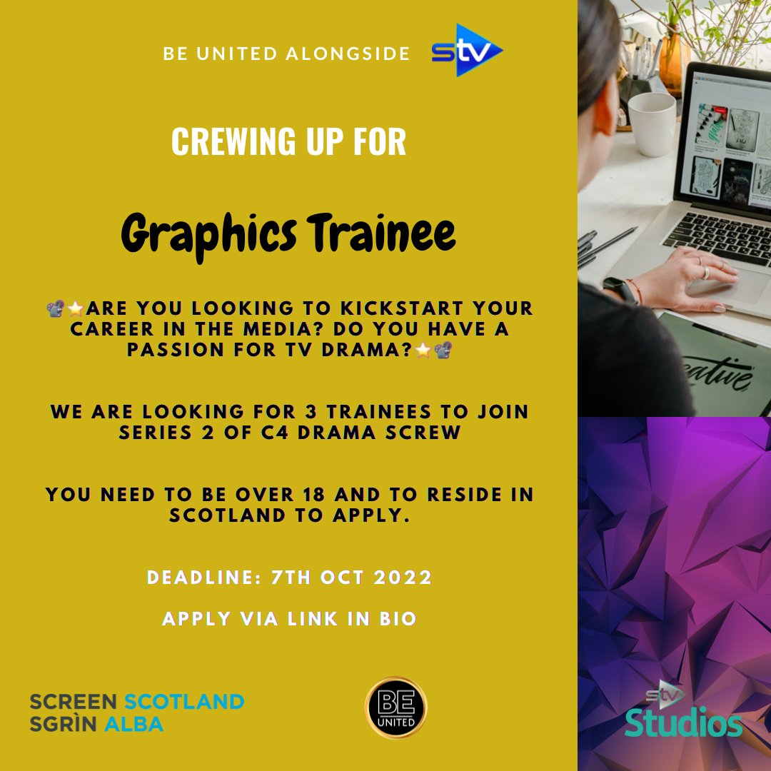 beunitedworld's tweet photo. ** Exciting New Opportunity**
We are recruiting x3 Trainees to work on the hit series Screws for C4!
You will need to be over 18 and based in Scotland to apply! Deadline is Fri 7th October 2022! Link in bio for the application Form.
Good Luck! https://t.co/qjlC8XuBF4