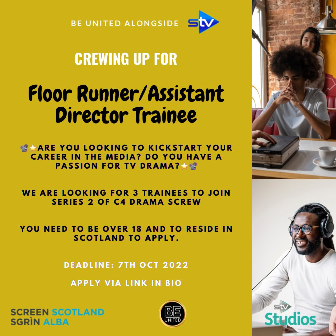 ** Exciting New Opportunity**
We are recruiting x3 Trainees to work on the hit series Screws for C4!
You will need to be over 18 and based in Scotland to apply! Deadline is Fri 7th October 2022! Link in bio for the application Form.
Good Luck!