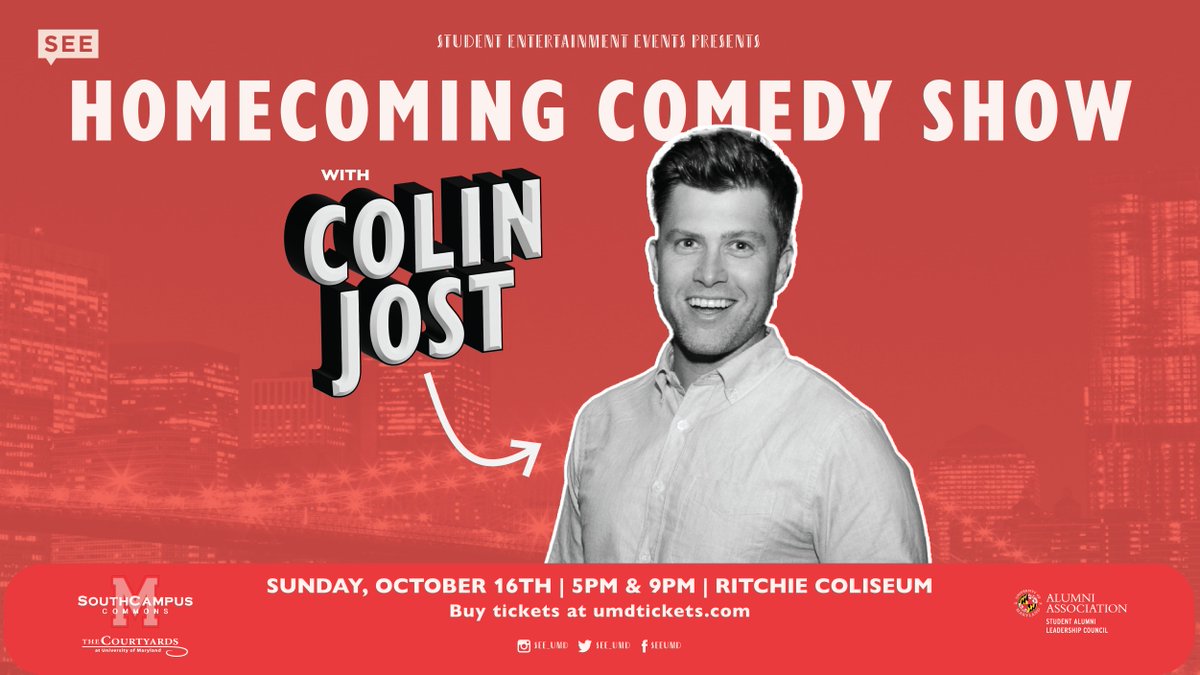 SEE’s Homecoming Comedy Show will be headlined by Colin Jost, best known for SNL! HCS will be on 10/16 in Ritchie at 5pm & 9 pm. Tickets are required & can be purchased TODAY at 3pm @ https://t.co/oqPSFTboPa. Thank you to Capstone On-Campus Management & SALC for sponsoring! https://t.co/NV1R70KOwr