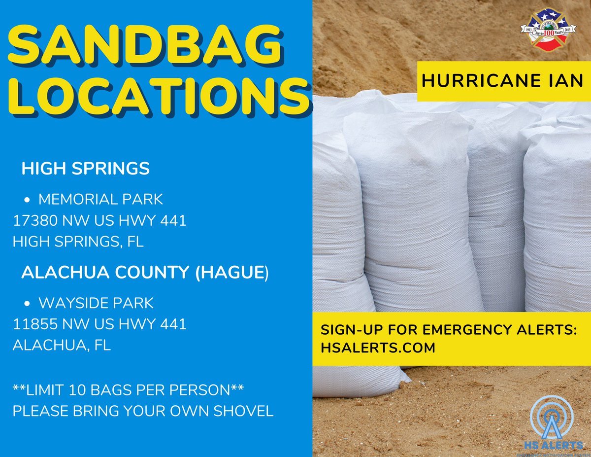 HighSpringsFD's tweet photo. REMINDER: SANDBAGS ARE NOW AVAILABLE AT MEMORIAL PARK, 17380 NW US HWY 441 8AM-7PM. 
**LIMIT 10. PLEASE BRING YOUR OWN SHOVEL** https://t.co/fRa4avI3Fm