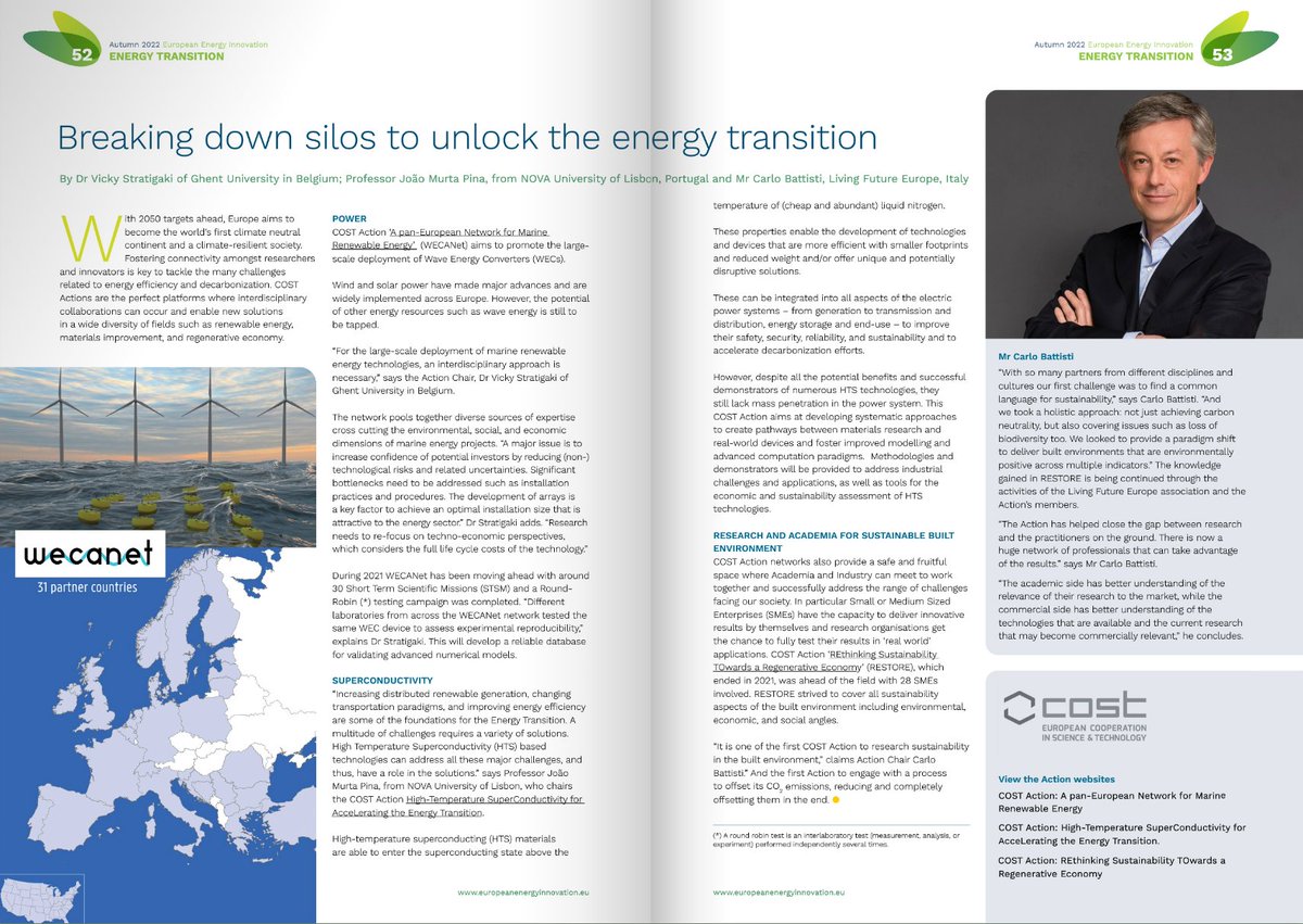 An interview regarding Energy Transition by Dr. <a href="/VickyStratigaki/">Vicky Stratigaki</a>, Chair of <a href="/wecanet/">WECANet COST Action CA17105</a> COST Action CA17105 “A pan-European Network for Marine Renewable Energy", at the European Energy Innovation magazine - autumn 2022 edition, page 52:
europeanenergyinnovation.eu/OnlinePublicat…
<a href="/COSTprogramme/">COST</a>