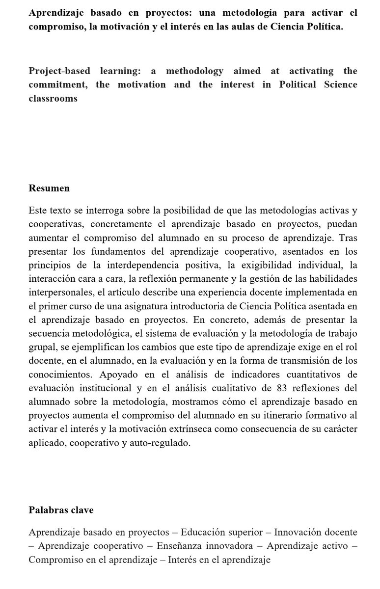 Otra buena noticia! Después de un exhaustivo proceso de revisión @RevistaCCPPes ha aceptado el texto donde describo cómo implementar la metodología del aprendizaje basado en proyectos en  #cienciapolitica y sus potencialidades para activar el interés y compromiso del alumnado