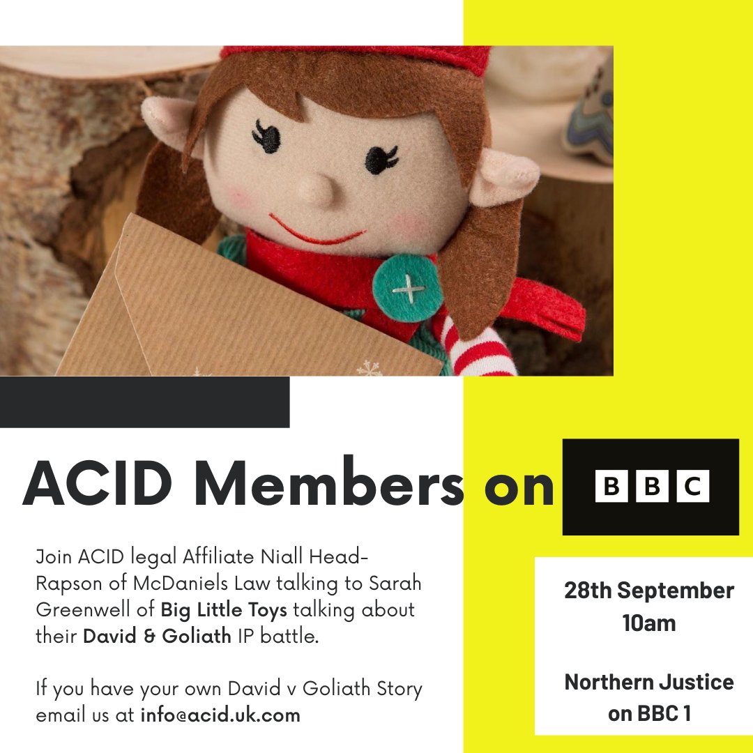 Watch <a href="/BBCOne/">BBC One</a> on 23 sept 10am &amp; hear heart-breaking David &amp; Goliath copycat stories of ACID member <a href="/elfforchristmas/">Elf for Christmas</a> with <a href="/IP_DOCTOR/">McDaniels Law</a>  in #IP theft scenarios. 

ACID in talks with <a href="/The_IPO/">Intellectual Property Office UK</a> to try &amp; stop this behaviour once &amp; for all.

Sign IP Charter bit.ly/3f9FY6C