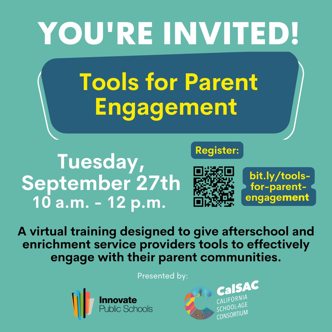 InnovateSchools's tweet photo. We're thrilled to see over 50 orgs signed up for our 'Tools for Parent Engagement' training with @CalSAC in 1 hr! We'll be hearing from panelists @LAsBEST @BACRdotORG @TheSeedSchoolLA with a range of experience engaging communities. Stay tuned for highlights #EngagingforChange https://t.co/LcPPfy9LR3