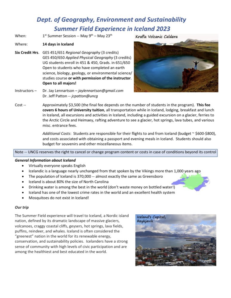 GES_UNCG's tweet photo. The 2023 summer trip experience will travel to Iceland for 14 days🇮🇸 Join us in Iceland to explore all the dramatic great massive landscapes and natures!  Great opportunity OPEN TO ALL MAJORS!🌋

#summerfieldtrip #iceland @UNCG @GES_UNCG https://t.co/AtI1Xk6sPp