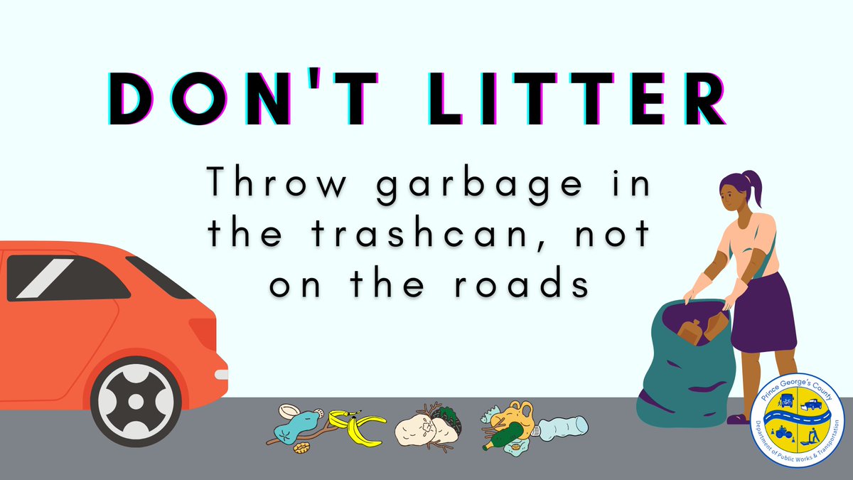 PGCountyDPWT's tweet photo. DPW&T needs your help to keep our County roads safe and litter free! Please keep your trash until you can find a trashcan. You may report litter and illegal dumping in the County right of way to PGC311. Together we can keep #PrinceGeorgesCounty litter free. #TalkingTrashTuesday https://t.co/U19tG1KI2N