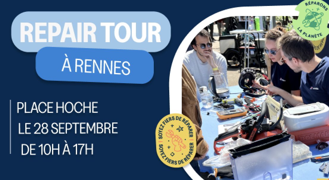 ademe's tweet photo. [#LongueVieAuxObjets] 🛠
⏰ J-1 avant la dernière étape du #RepairTour organisé par @spareka et l'@ademe ! 
📍 Venez le 28 septembre, place Hoche à Rennes pour apprendre à réparez gratuitement vos appareils ! 🤩
👉https://t.co/QNZCLT3g4m https://t.co/6uxPHeCzaZ