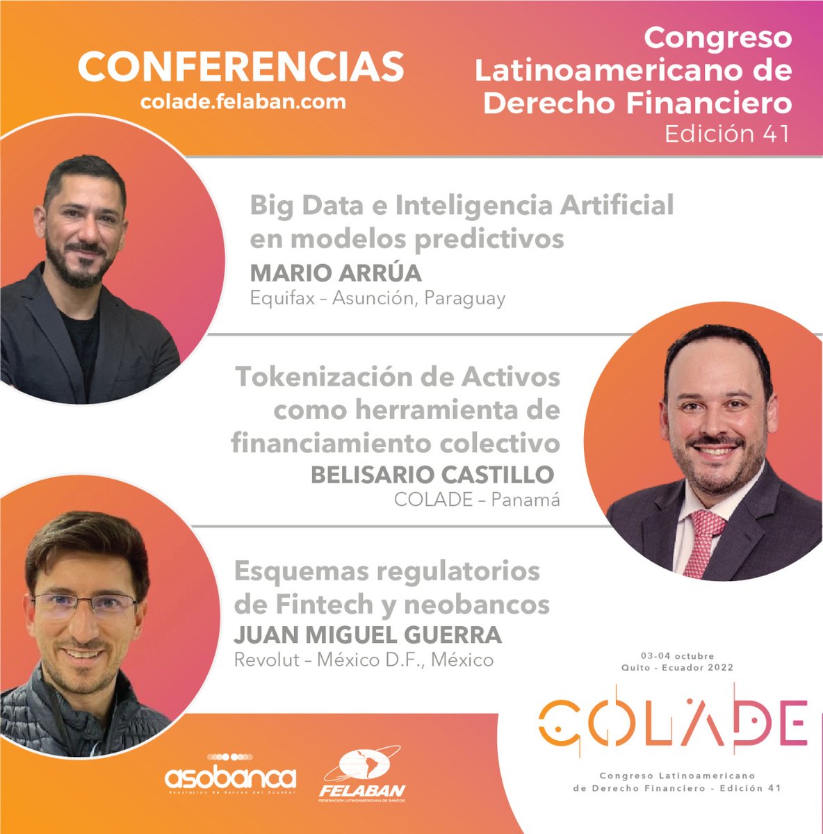asobancos's tweet photo. ¿Tienes ya tu lugar en el #COLADE? Este 3 y 4 de octubre en Quito podrás ahondar en temas como el #BigData, #tokenización de activos, #neobancos, #fintech y más➡️https://t.co/To7UUY8eAR
Aquí te compartimos algunas de las conferencias 👇 https://t.co/qPh5DgLJrk