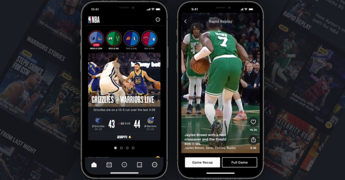 Microsoft's tweet photo. Score highlights and personalized player stats on the new NBA app, powered by Microsoft AI. ⬇ https://t.co/XtXZgasYTj
