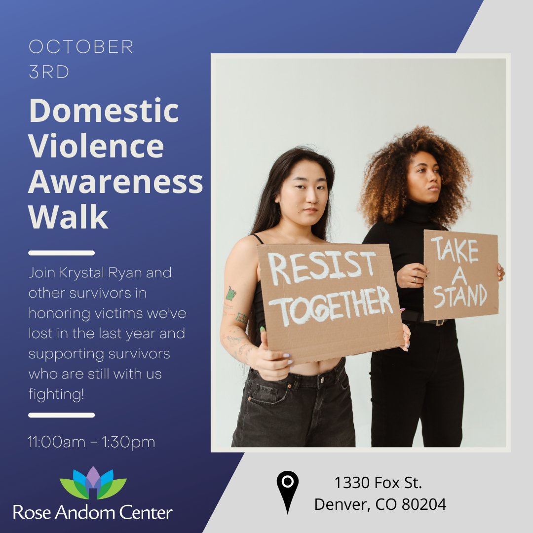 Join us next Monday for Denver's first domestic violence awareness month walk!

Key community members such as Rose Andom, Mayor Hancock and survivor Krystal Ryan will all be in attendance of the walk and a press conference following.

We hope to see you there!