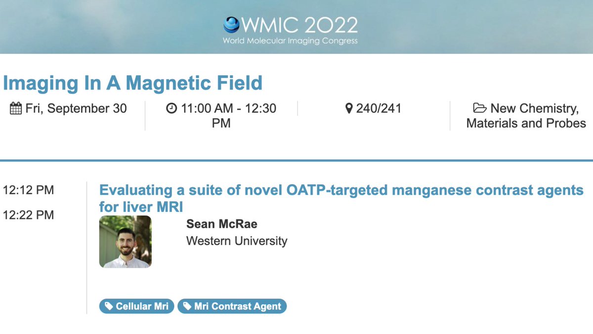 Interested in novel contrast agents for liver #MRI? Join PhD student, <a href="/SeanMcRae16/">Sean McRae</a>, during the "Imaging in a Magnetic Field" session to hear about his work on Friday, September 30th! 
#WMIC2022