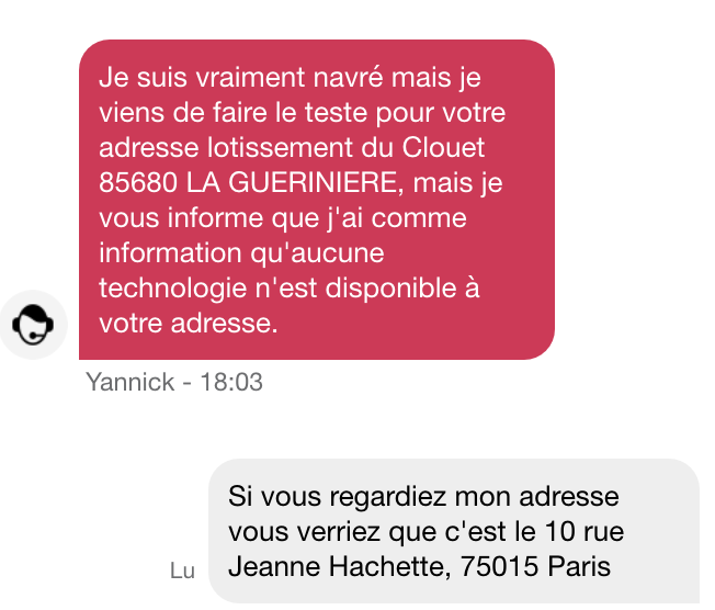 Thibaultsav's tweet photo. @Sosh_fr , 1h30 pour attendre une réponse de l'un de vos conseillers... et il n'est même pas capable d'avoir la bonne adresse que je lui ai pourtant donné plus haut dans la conversation... consternant https://t.co/Rxpa1JsDfP