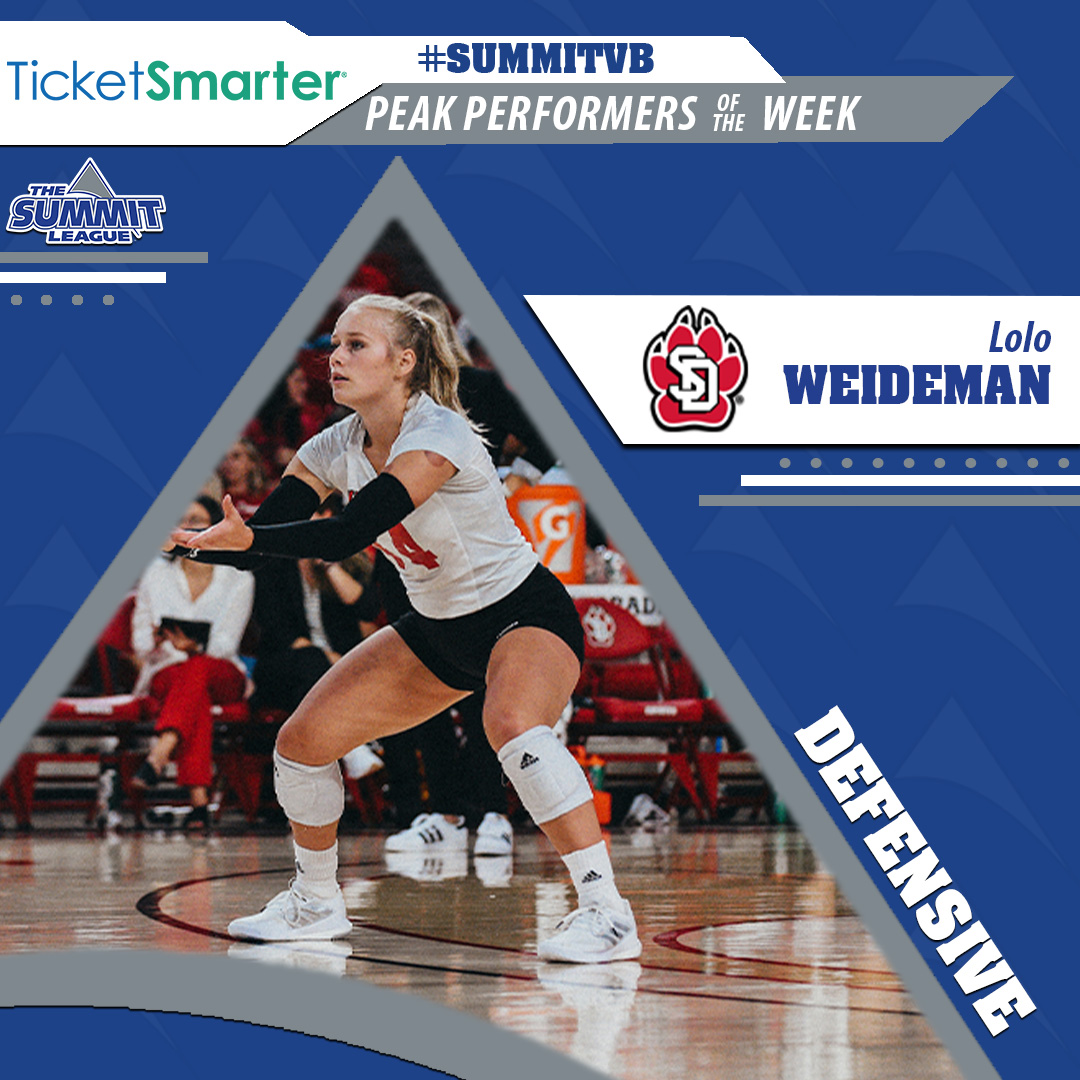 TheSummitLeague's tweet photo. A solid 53 digs in two wins to open league play earns this stellar Coyote the @TicketSmarter #SummitVB Defensive Peak Performer of the Week 🤩

🏐 Lolo Weideman, South Dakota 🏐

📰 https://t.co/Y2vqumX2Fg

#ReachTheSummit https://t.co/V9NCruiNtp