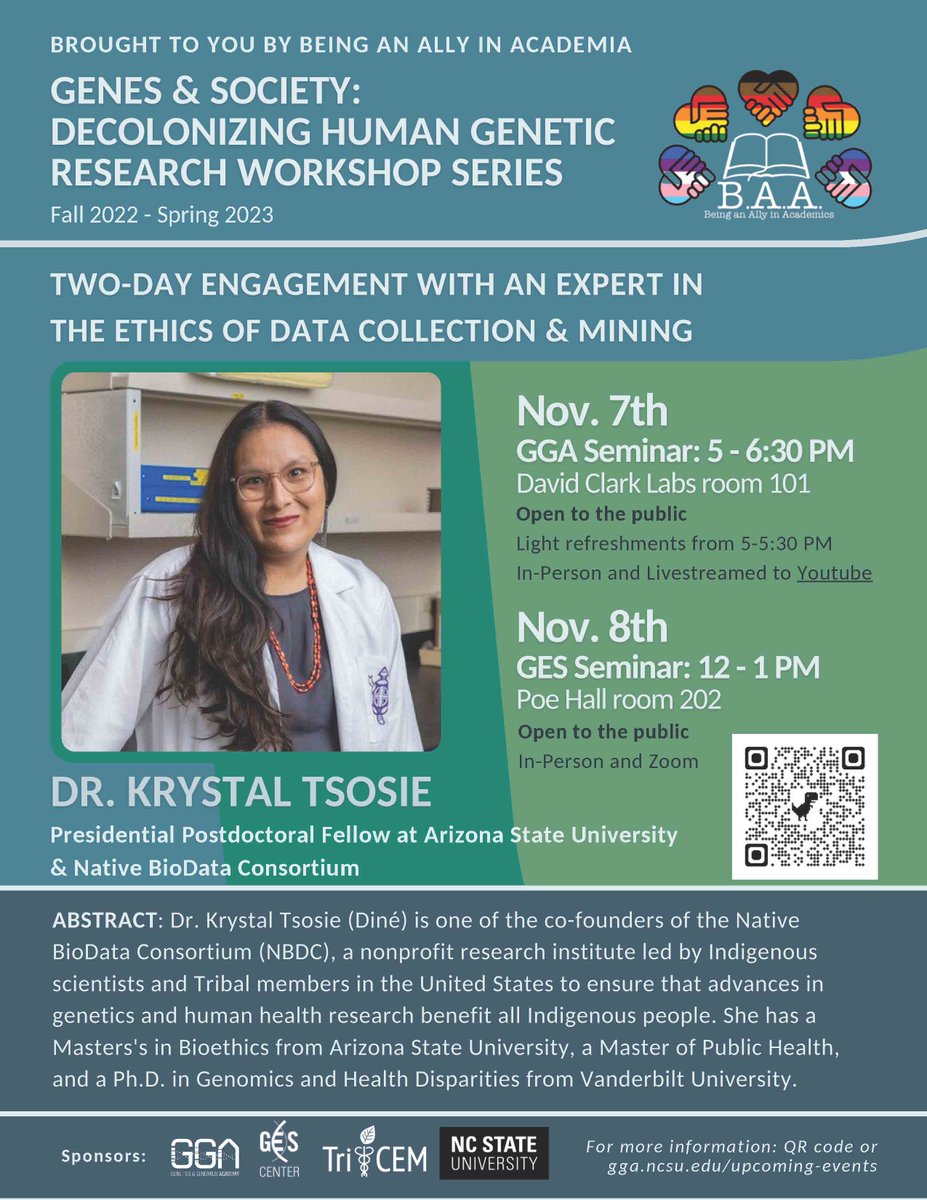Brought to you by Being an Ally in Academics & GGA, @GESCenterNCSU @TriCEM_NC @naturalsciences @NRCjulie @BlackInGenetics - an exciting two-day engagement with Dr. Krystal Tsosie @kstsosie Check out more info on the website and flyer below: gga.ncsu.edu/upcoming-event…