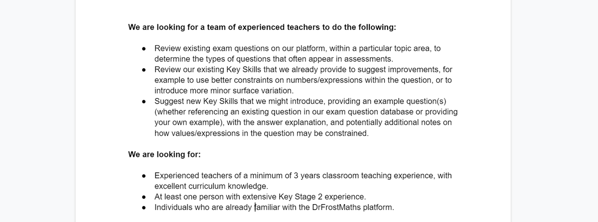 We're looking to form a panel of 5-10 experienced teachers to review our bank of Key Skills across October (there's 1003 of them!) and make suggestions for changes and provide specifications for new Key Skills. Pay is £30/hr. Read more: docs.google.com/document/d/1ND…