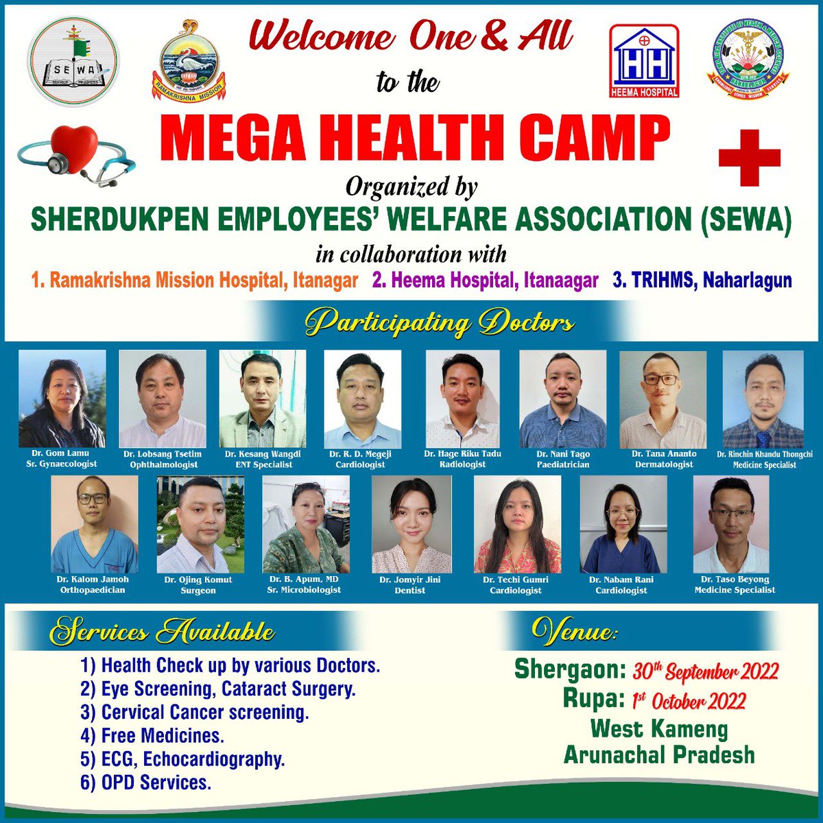 PKThungon's tweet photo. Please avail the facilities during Mega Health Camp wef 30 September to 3rd October organise md by Sherdukpen Employees Welfare Association (SEWA). Birn to serve the people. Jai Hind, Jai Arunachal, Jai SEWA https://t.co/Rf5JDE5JDY