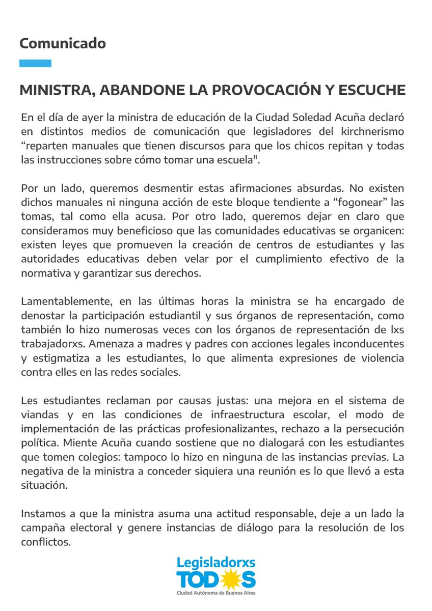 COMUNICADO DE TOD☼S CABA
Desmentimos las afirmaciones absurdas de <a href="/Soledad_Acunia/">María Soledad Acuña</a> sobre legisladorxs de nuestro bloque y dejamos claro que creemos beneficioso que la comunidad educativa se organice.
La ministra debería dejar la campaña electoral y asumir una actitud responsable.