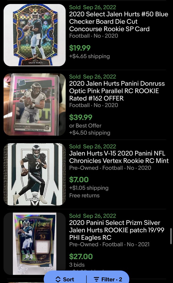 LudisCharta's tweet photo. @CardPurchaser some Jalen Hurts sales #trackingtuesday #thehobby https://t.co/QCpznfeKeI