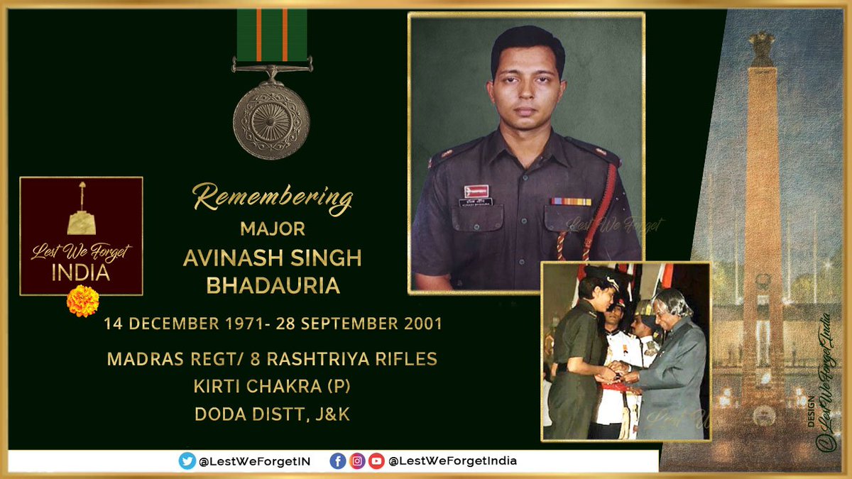 LestWeForgetIN's tweet photo. #LestWeForgetIndia🇮🇳 Maj Avinash Singh Bhadauria, #KirtiChakra (P)
The #IndianBrave killed 4 terrorists &amp; fought valiantly until his last breath #OnThisDay 28 September in 2001 in Doda distt, J&amp;K
His wife Capt Shalini Singh @shals77 received the posthumous award on his behalf. https://t.co/849VnkV9MW
