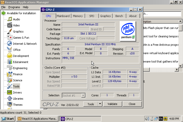 x86corez's tweet photo. If you ever wondered what does @cpuid_softwares #CPUID #CPUZ show in @ReactOS running on OG #Xbox (xemu in this case) -- here is it :)
I wonder if there would be any differences on real hardware though 🤔 https://t.co/rQ2rDeXU6d