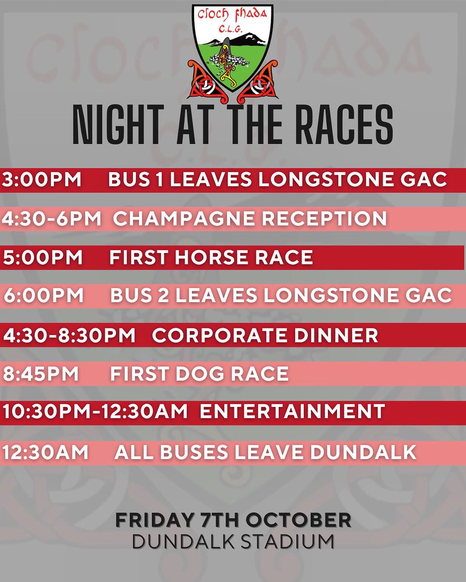 Event timetable 🗓 🖊 

✨NIGHTS AT THE RACES✨ 

⏰3pm Bus is now ❌FULL❌ 

Still time to get your tickets 🎟
