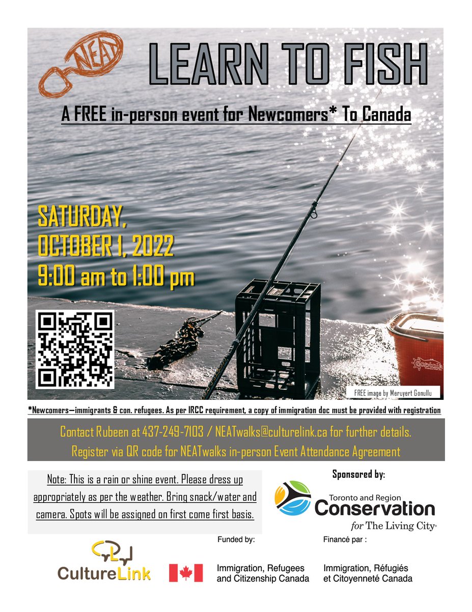 RubeenTO's tweet photo. FREE event for immigrants and refugees -- last chance to sign up for "learn to fish" happening on October 1.

Equipment and instructions to fish are provided!

Sign up at: https://t.co/cQn8RUv6Sb -- covid restrictions apply! https://t.co/AflA555uGx