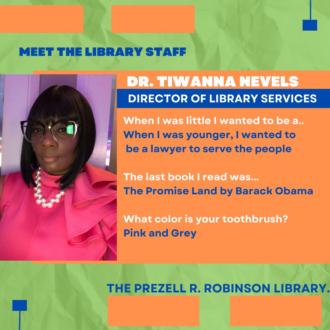 PrezRobLibrary's tweet photo. Meet Director of Library Services, Dr. Tiwana Nevels!
#theprezellrrobinsonlibrary #saulibrary #falconpride #librarydirector #librariesofinstagram #libraries #library #librarytwitter @barackobama #pinkandgreen @sau_alumniaffairs #saualumni @saufalcons @saurollcall https://t.co/KUaQ1NQCi5
