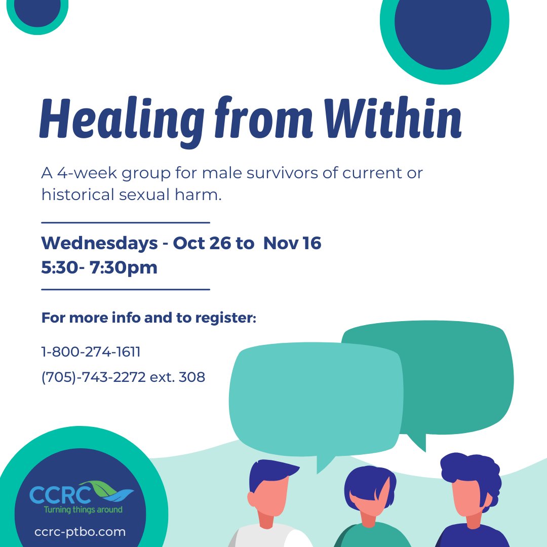 CCRC_Ptbo's tweet photo. This October, CCRC is hosting #HealingfromWithin, a group for male #survivors of #sexualharm. The group will be in-person at our George St site. Please visit our website for more information: https://t.co/5mTSuJcQAT #malesurvivors #Ptbo #Nogo https://t.co/boJEOyi8WZ