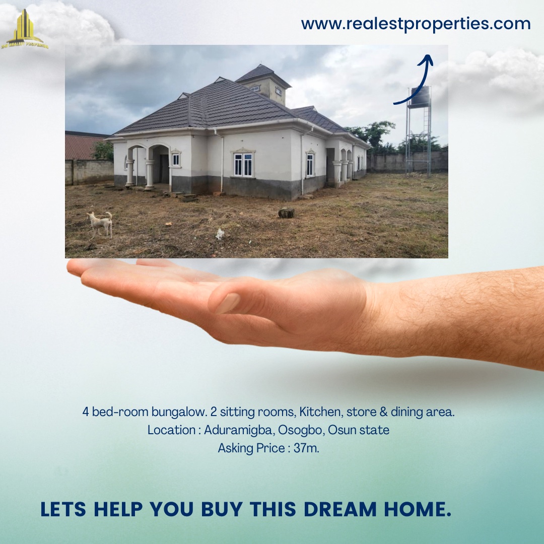 RealEstProp's tweet photo. House Alert 🚨 

Description:
A 4 bed room bungalow with 2 sitting rooms, kitchen, store and dining area. 

Location : Aduramigba, Osogbo, Osun state

Asking Price is 37m. 

Send us a Dm now for enquiries!

 call :
☎️ +234 814 547 5588

Website : Therealestproperties.cos https://t.co/sYTHdGACFS