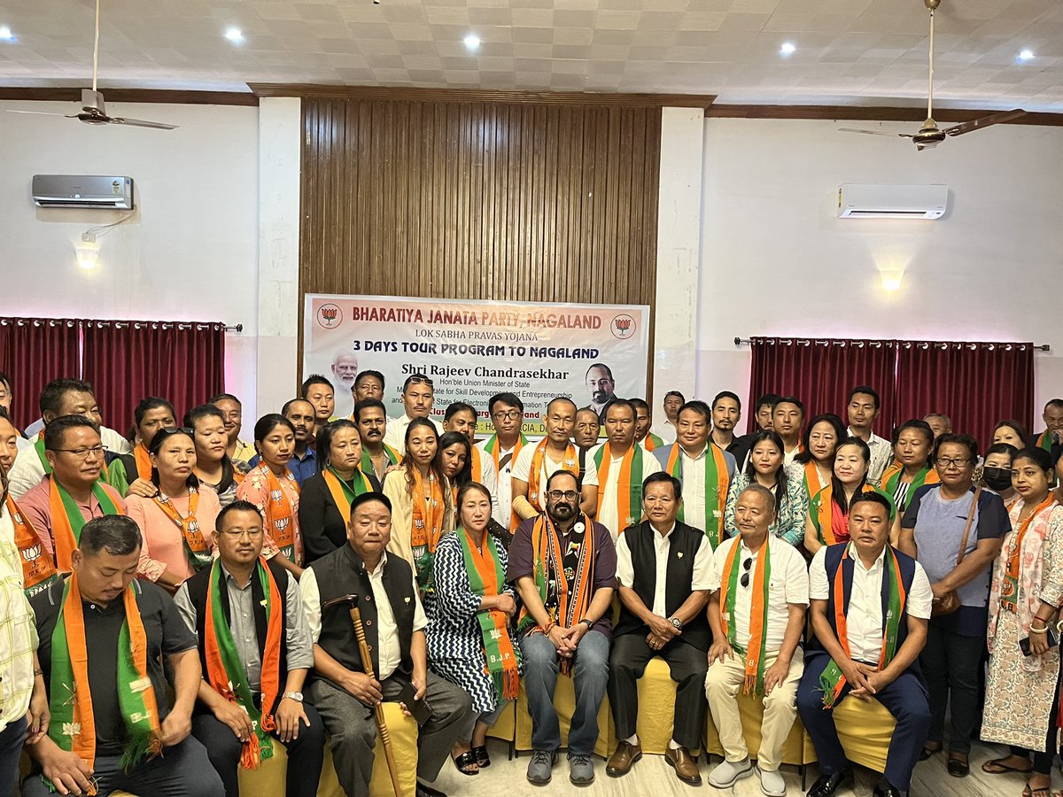BjpDimapur's tweet photo. BJP Dimapur District participated in a Consultative meeting with Shri. Rajeev Chandrasekhar ji, Hon’ble Union Minister of State for Electronics &amp; Information Technology,Skill Development &amp; Entrepreneurship Govt. of India at Hotel Acacia. @PMOIndia @JPNadda @blsanthosh @AlongImna https://t.co/7Bh3FWvWYG