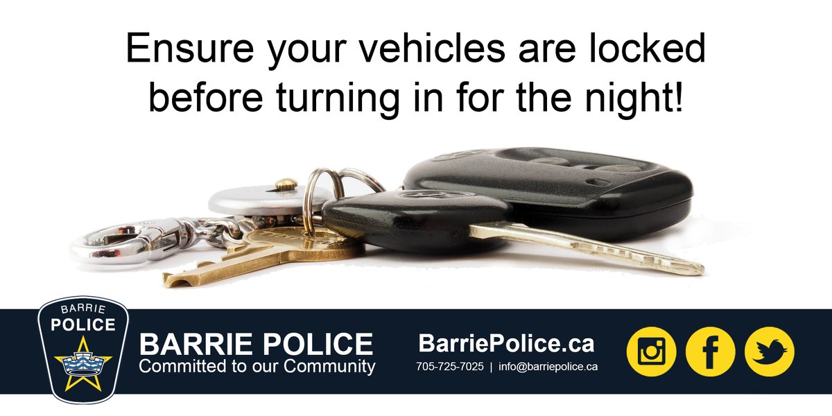 BarriePolice's tweet photo. We have received reports of people waking up to find that valuables have been taken from their vehicles overnight. Police are reminding the public to never leave valuables in your vehicle, and always lock your vehicle doors whenever you park. #lockitorloseit https://t.co/jSNZUJLV4E