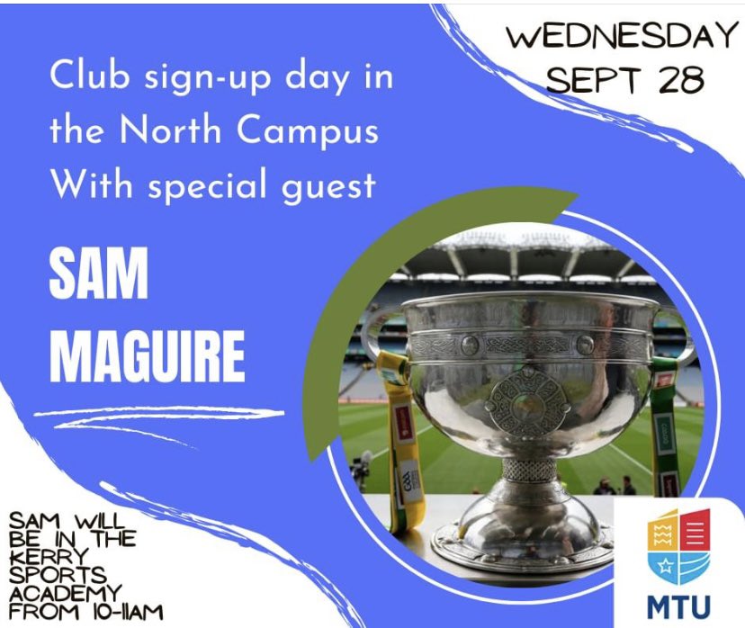 Calling all students…

Call into the Kerry Sports Academy tomorrow between 10-2pm to sign up to join our clubs for the year ahead.

We'll have a special guest with us for the first hour, so if you'd like to take a picture with SAM MAGUIRE, make sure you're in between 10-11am