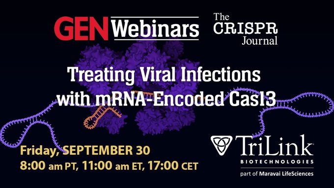 LiebertPub's tweet photo. Register Now! Treating #ViralInfections with #mRNA-Encoded #Cas13
@GENbio @CRISPRjournal hosts the third webinar in an exciting series that is diving deep into the burgeoning world of mRNA research and therapeutics -- Register today to join live on 9/30: https://t.co/IVZLsGJCsY https://t.co/EcMusQ9x56