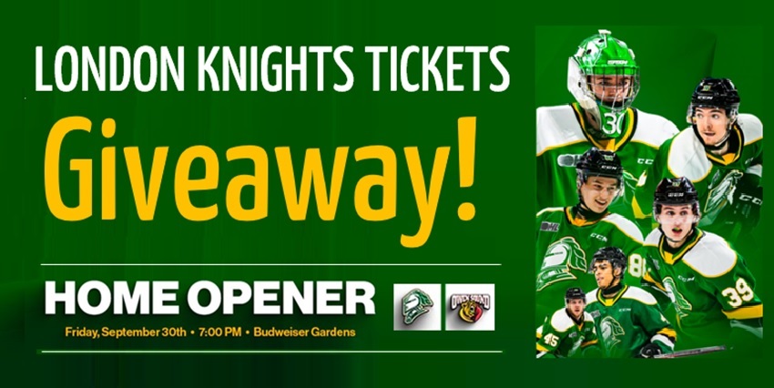 LIKE &amp; RETWEET for your chance to win 4 tickets to the London Knights Home Opener this Friday, Sept. 30th. Contest ends 10AM Thursday. Must be able to pick up tickets from <a href="/HuronTractorLtd/">Huron Tractor Ltd</a> Exeter location. Good luck!