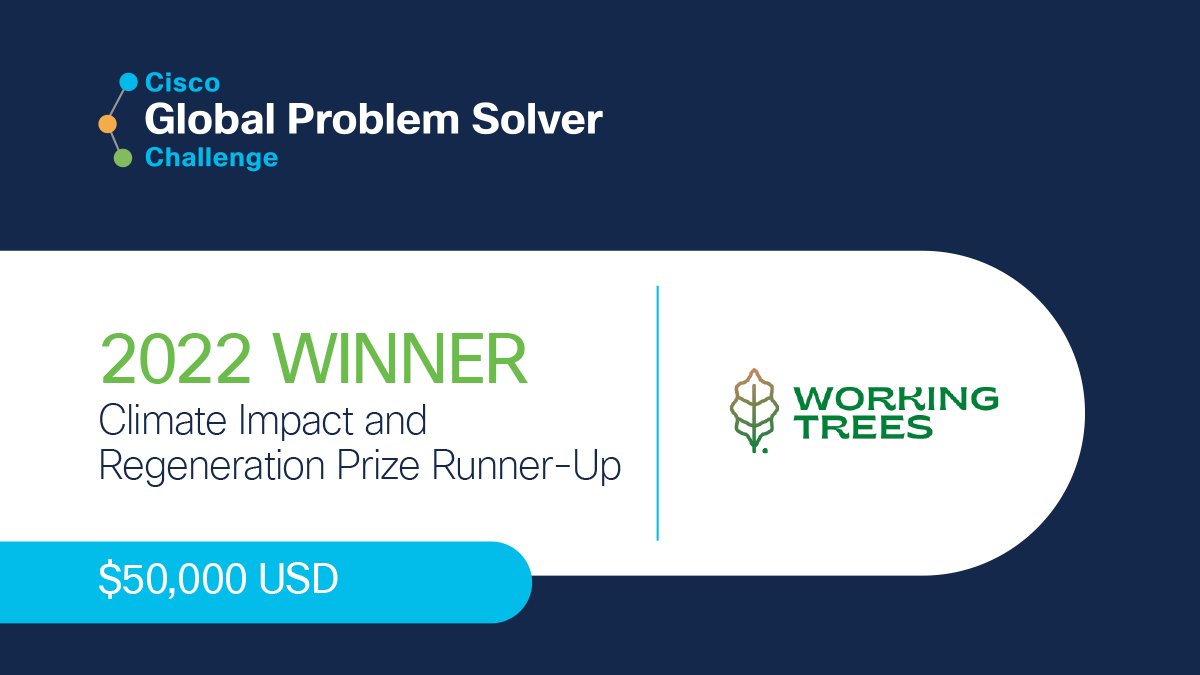 🌱 Congrats to @WorkingTrees from the USA for winning a $50,000 USD Climate Impact & Regeneration Runner-Up Prize! 👉 Winning Solution: Enables farmers to get paid for the carbon stored in their land's planted trees. @Cisco #GlobalProblemSolverChallenge ow.ly/Oa0h50KULzB