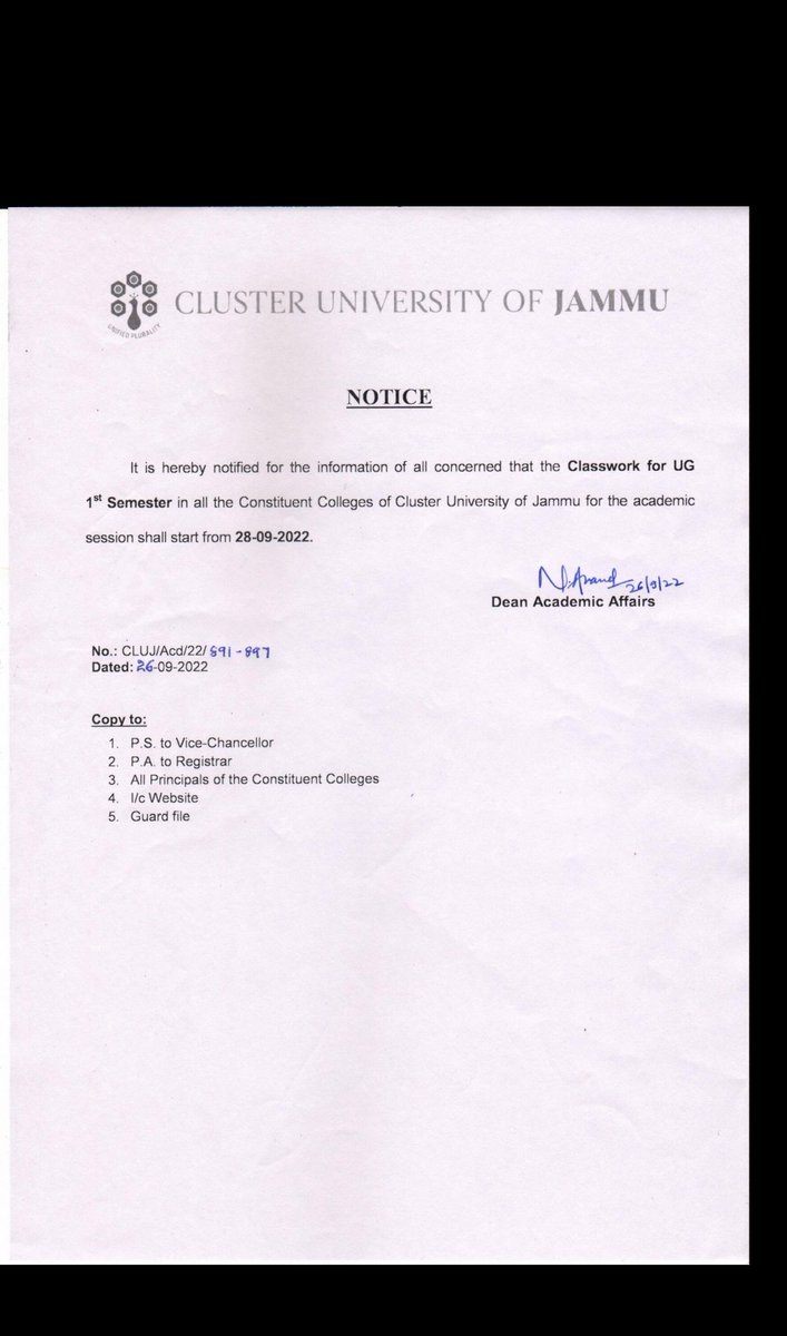 As previously told by me, Regular Classwork for UG Sem 1 will commence from tomorrow i.e 28-09-22 in all the constituing colleges of CLUSTER UNIVERSITY OF JAMMU...
#CLUSTERUNIVERSITYJAMMU