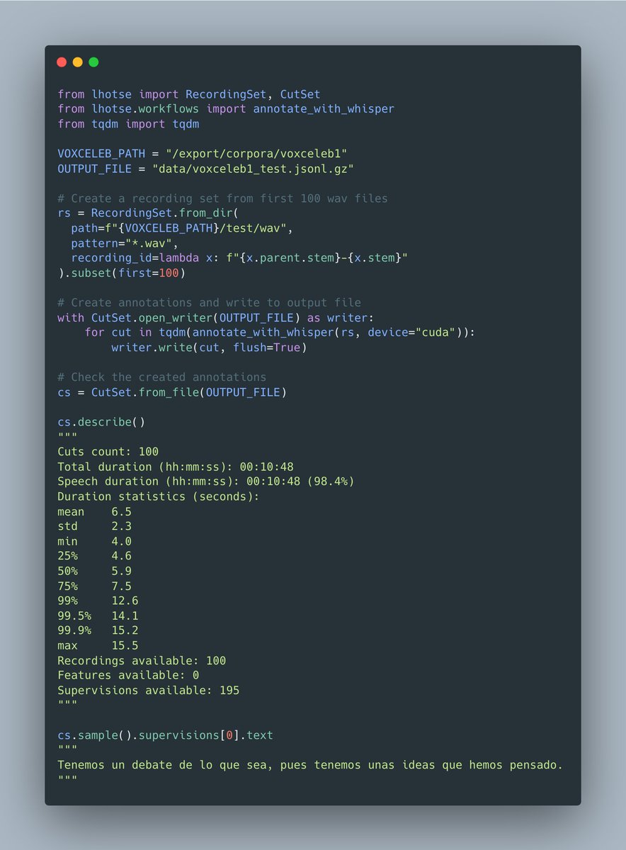 rdesh26's tweet photo. #Lhotse now supports annotating audio files with OpenAI's #Whisper! Here's a quick demo I created in 10 mins to transcribe the first 100 recordings from VoxCeleb.

See PR from @PiotrZelasko: https://t.co/Awu9bmIVEK

Here's the sample audio: https://t.co/rvsr8wo3Ck https://t.co/gWrMCLYg7R