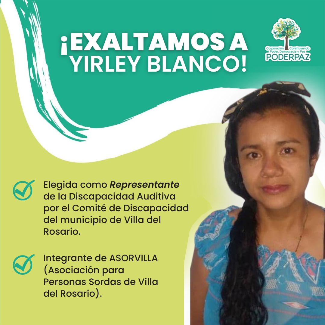 PODERPAZ_COL's tweet photo. 👏🏼 | Desde la Corporación 𝗣𝗼𝗱𝗲𝗿𝗽𝗮𝘇 y el proyecto DAWH, exaltamos el nombramiento de Yirley Coromoto Blanco Sandoval como Representante de la Discapacidad Auditiva en el municipio de Villa del Rosario.
#poderpaz #discapacidadauditiva https://t.co/3H3fzumOVp