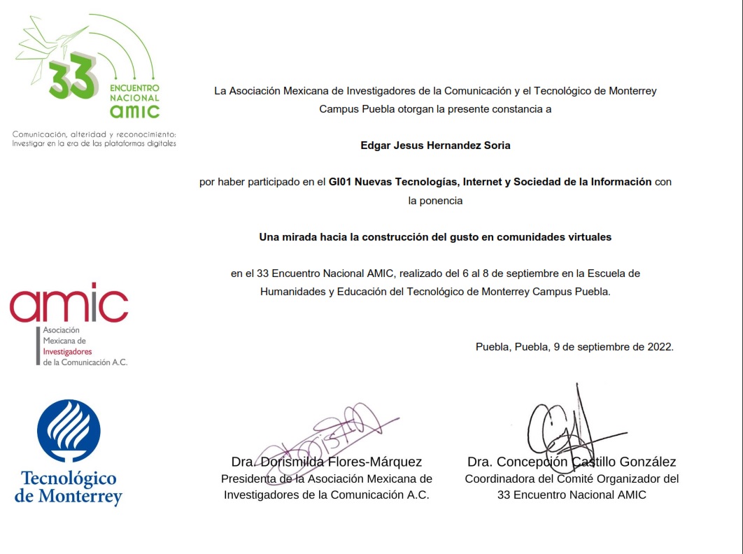 MCCD_UAQ's tweet photo. 📍 #ExtraEscolaresMCCD | 33° Encuentro Nacional AMIC📋
"Una mirada hacia la construcción del gusto en comunidades virtuales" es la ponencia con la que participó nuestro alumno de la 4ta Generación, @HSoriaE en @AMIC_com
¡Muchas felicidades! #OrgulloMCCD https://t.co/LUqbl8rrni