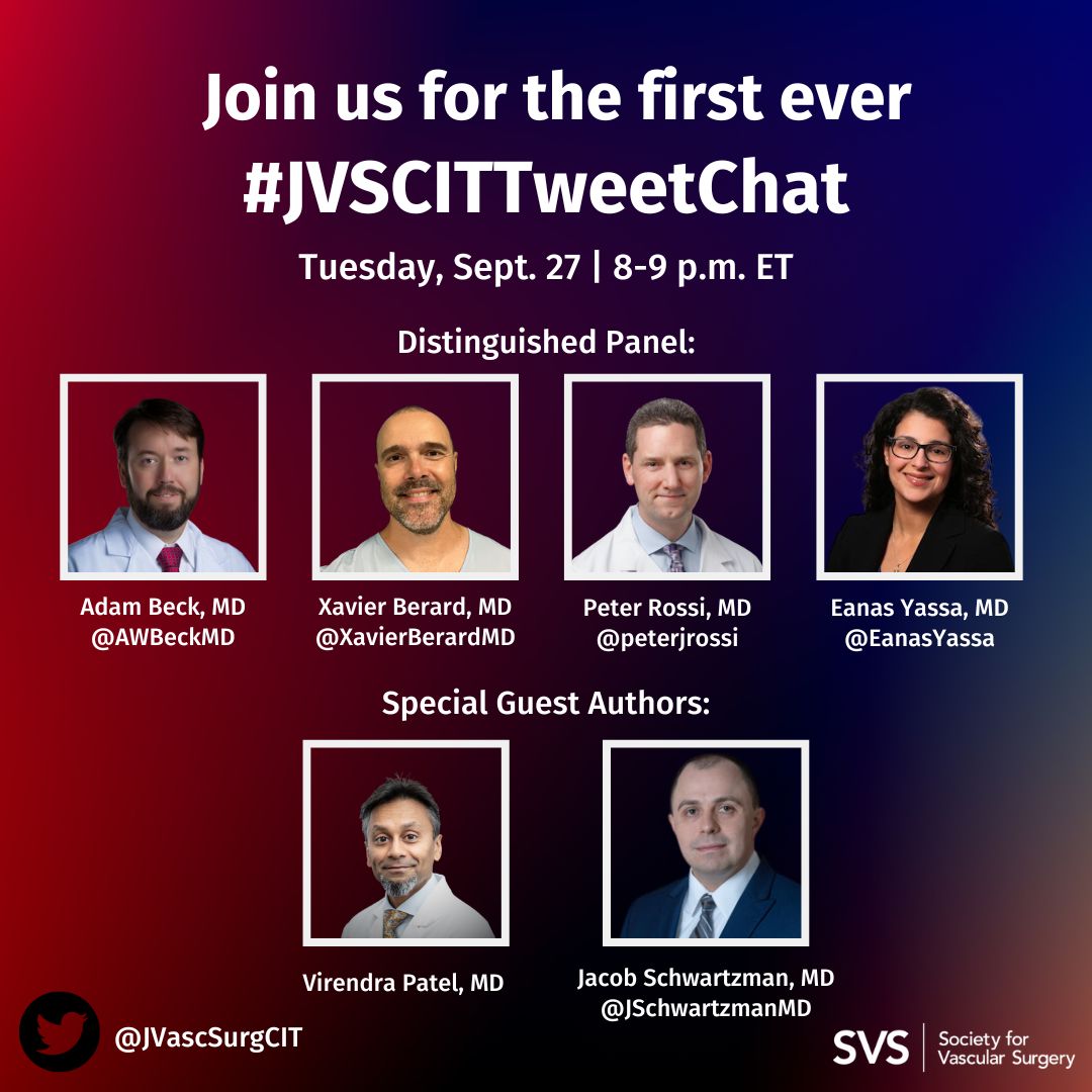 VascularSVS's tweet photo. Tonight's the night! The inaugural #JVSCITTweetChat will begin at 8 p.m. ET. Join the discussion and ask the expert panel questions. Don't miss this event! @JVascSurgCIT @XavierBerardMD @AWBeckMD @peterjrossi @EanasYassa @JSchwartzmanMD @VirendraPatelMD 
https://t.co/RZWNiDkASQ https://t.co/KR7JU9pFb2
