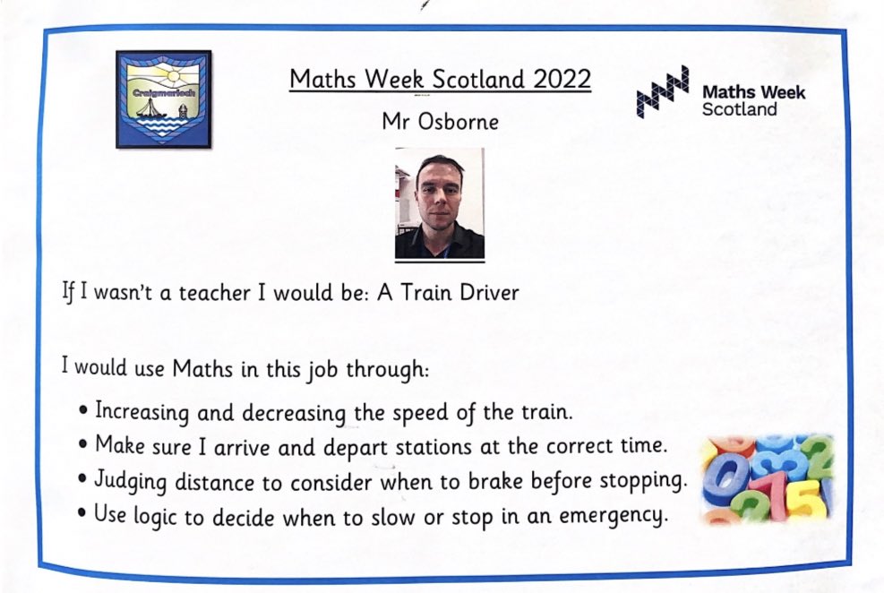 CraigmarlochINV's tweet photo. Some maths week fun from our staff,  telling us what they would work as if they didn’t work in our school and what maths skills they would use ➕➖➗✖️ #MathsWeekScotland https://t.co/Ldt5xOccA1
