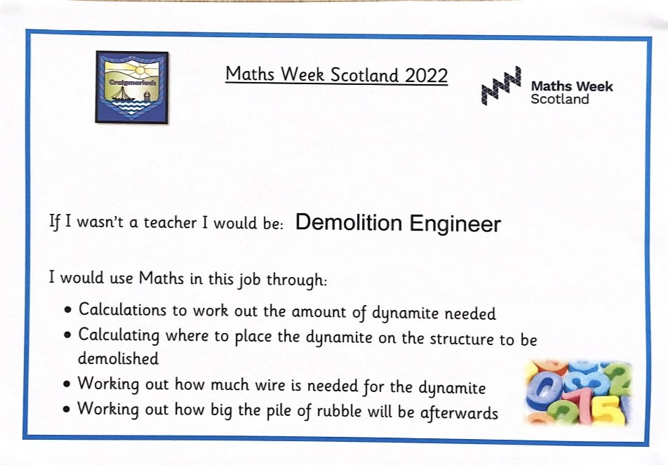 CraigmarlochINV's tweet photo. Some maths week fun from our staff,  telling us what they would work as if they didn’t work in our school and what maths skills they would use ➕➖➗✖️ #MathsWeekScotland https://t.co/Ldt5xOccA1