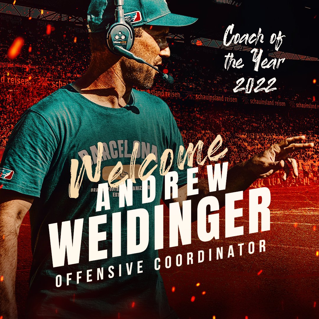 Welcome to the #rheinfirefamily Andrew Weidinger (<a href="/CoachWeidinger/">Andrew</a>) 👋

The former Dragons HC and 2022 coach of the year will join our team as our new Offensive Coordinator 🔥

#BringTheFire🔥