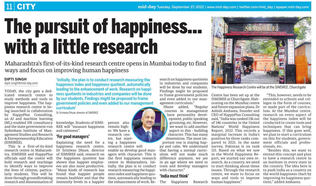 simsree's tweet photo. We are happy to announce that SIMSREE  has inaugurated Maharashtra's first-of-its-kind “Happiness Research Centre" in Mumbai, in collaboration with Happy Plus Consulting, an AI and Machine learning enabled HR consultancy.
#simsree #sydenham #happiness #happinessresearch https://t.co/Lu0LdhwobD