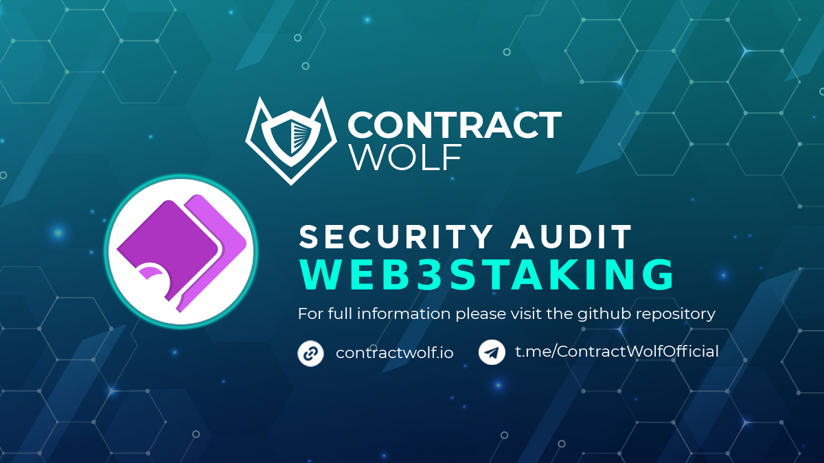 contractwolf_io's tweet image. ContractWolf gladly announces the final report of smart contract audit for @web3staking

Request a quote
contractwolf.io/audit

Check the full report 
contractwolf.io/projects/web3s…

#ContractWolf #SmartContract #SecurityAudit