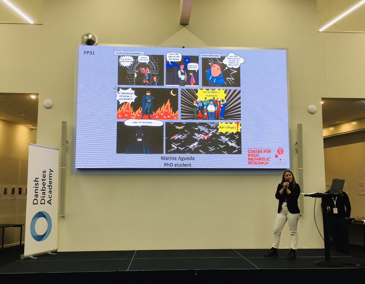 metabolady's tweet photo. The participants of the #DDAPostdocSummit22 did amazing poster pitches! We’ve got poems, videos (@SassFrederike!), dancing (Pauline!) &amp; lots of cool stories, like this one about BATokines by @MarinaAgueda! Super cool event from #DanishDiabetesAcademy https://t.co/ocz9Gmq23E